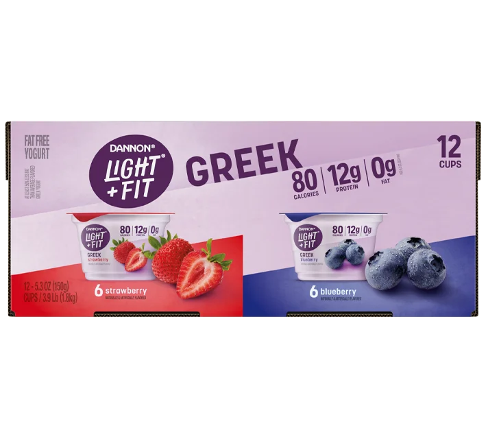 Light + Fit Fat Free Greek Yogurt, Blueberry and Strawberry Variety Pack, 5.3oz 6pk, 5.3oz 12pk