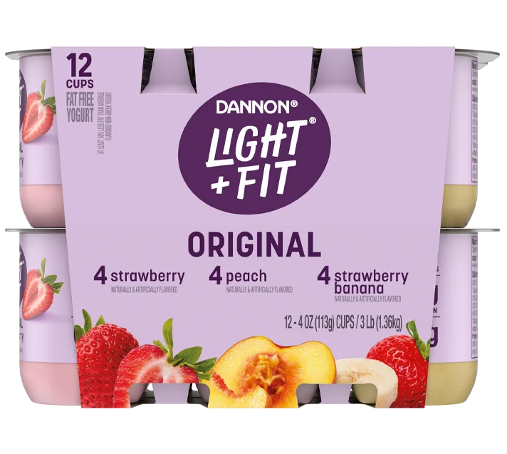 Light + Fit Fat Free Yogurt, Strawberry, Peach, and Strawberry Banana Variety Pack, 4oz 12pk