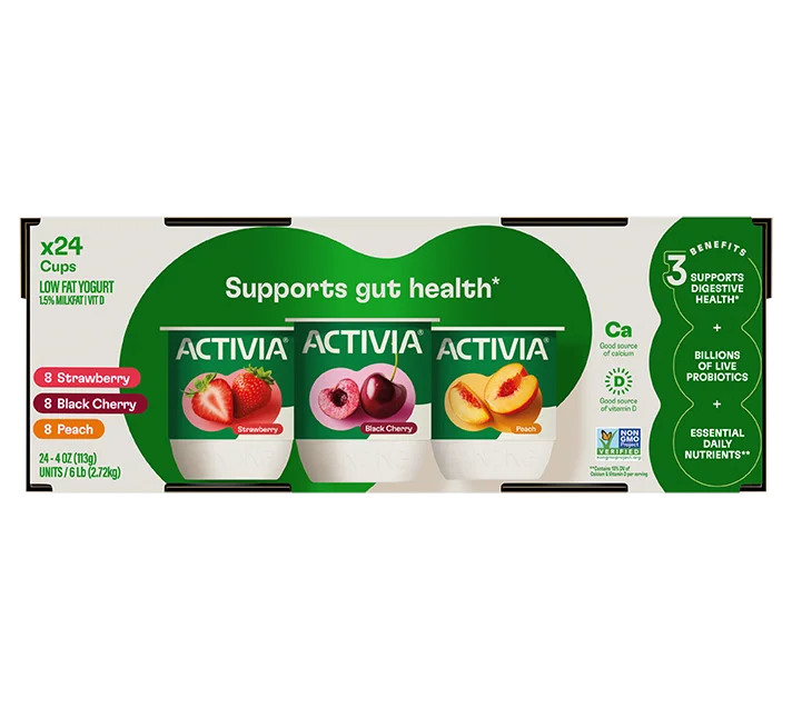 Activia Low Fat Yogurt, Strawberry, Black Cherry and Peach Variety Pack, 4oz 24pk