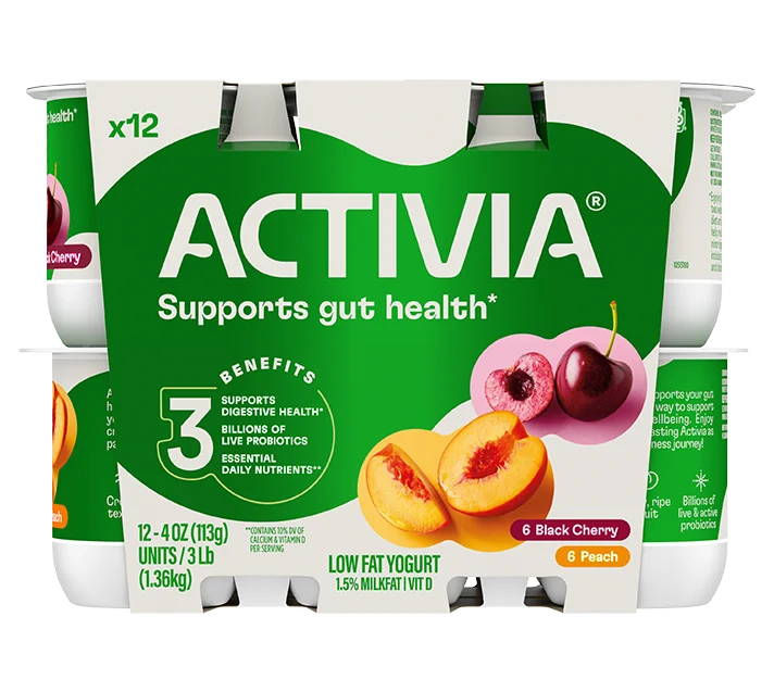 Activia® Low Fat Prebiotic Yogurt | Black Cherry and Peach 4oz 12-Count Wholesale