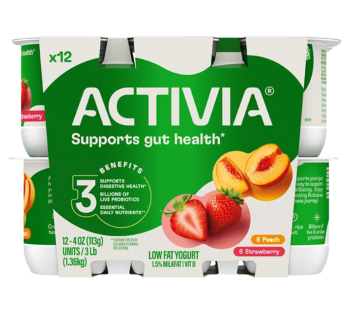 Activia® Low Fat Prebiotic Yogurt | Strawberry and Peach 4oz 12-Count Wholesale