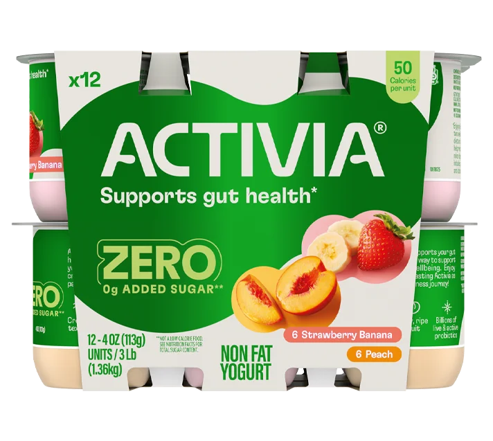 Activia® Zero 0g Added Sugar Yogurt | Strawberry Banana and Peach 4oz 12-Count Wholesale