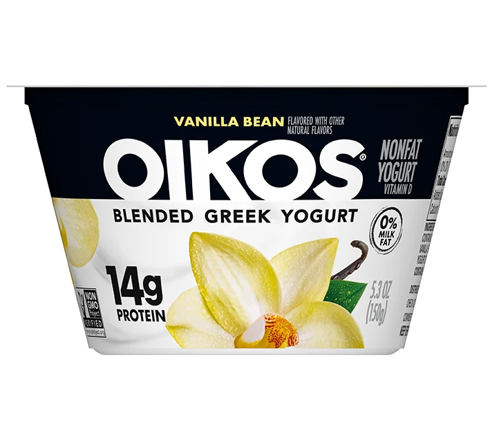 Oikos Blended Nonfat Greek Yogurt 0%, Vanilla Bean, 4oz, 5.3oz, 32oz